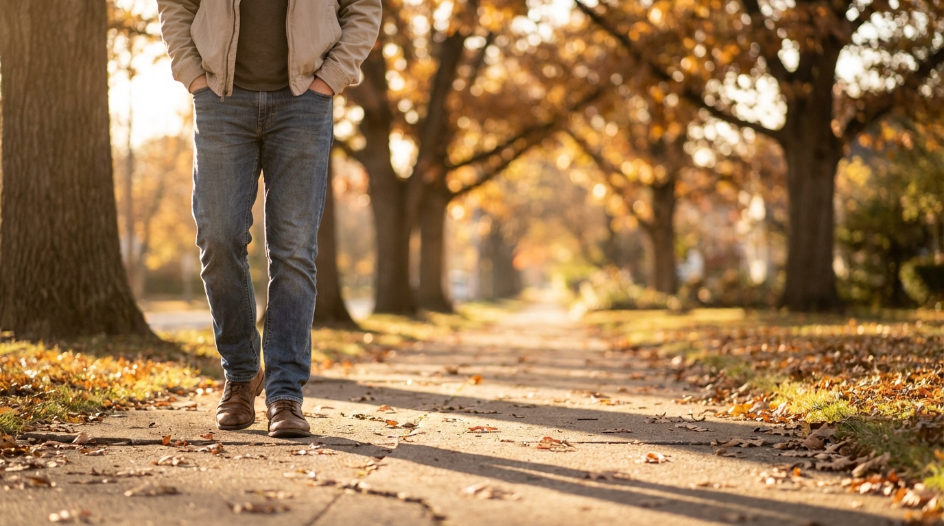 Person walking slowly at golden hour on a quiet street