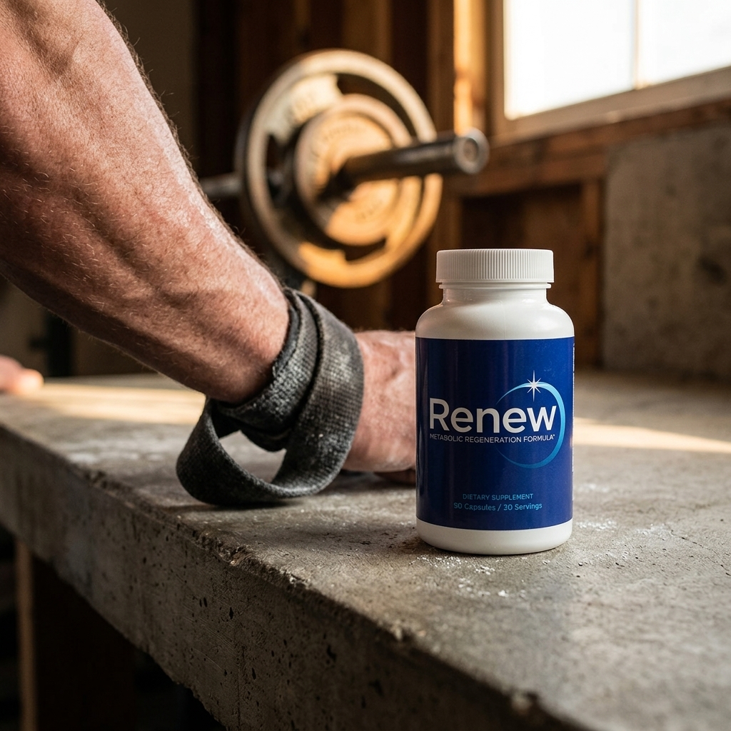 Renew supplement bottle on concrete gym countertop beside a resting forearm