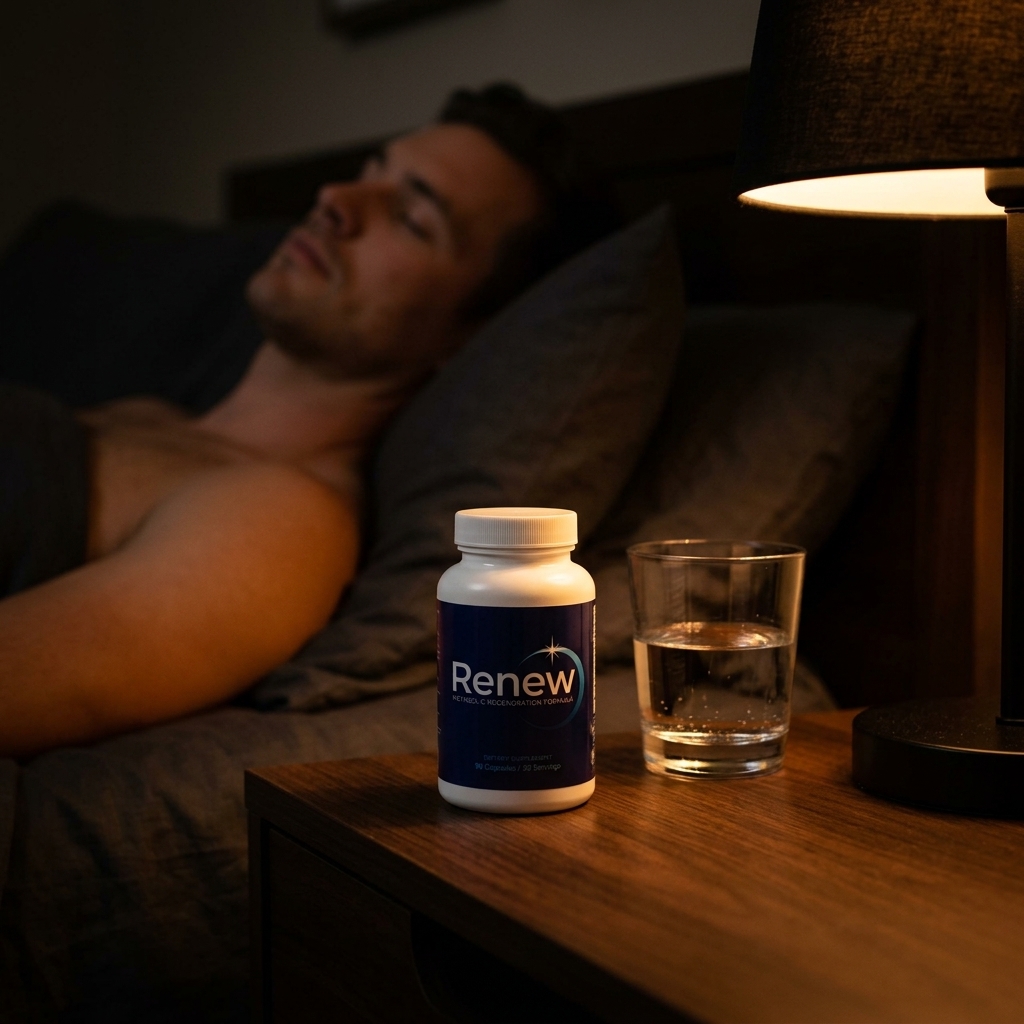 Renew bottle on walnut nightstand with warm lamplight and resting figure behind