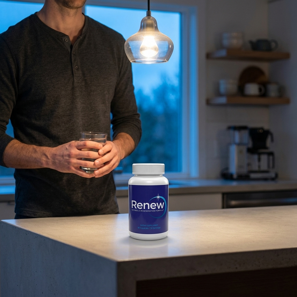 Renew bottle on kitchen island at dawn with man holding glass of water behind