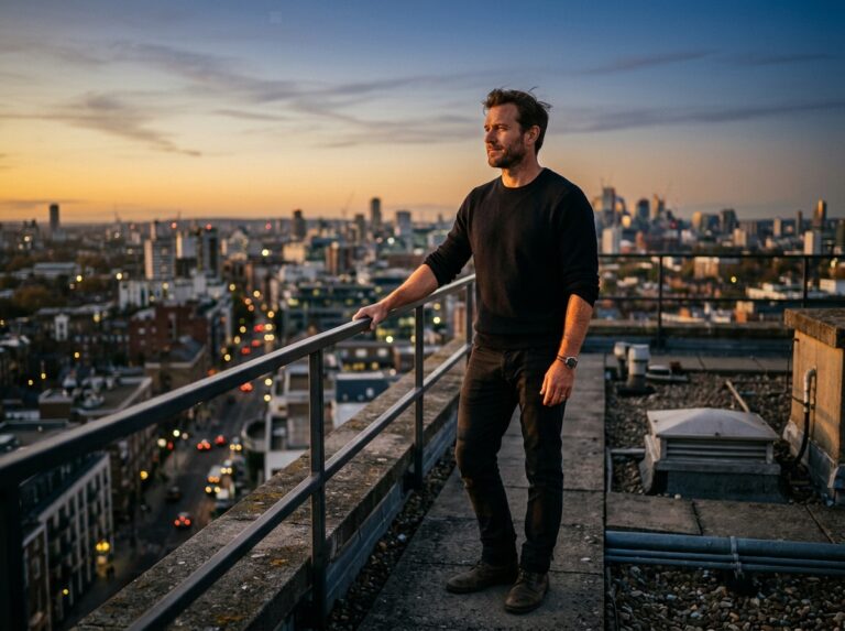 Man standing at a rooftop railing at golden hour looking forward with quiet resolve