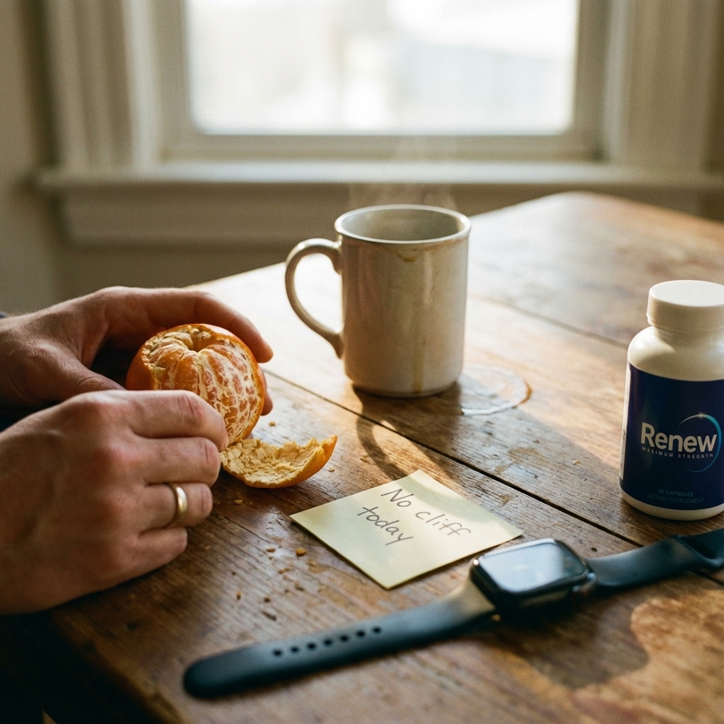 Renew on a kitchen table beside a mug and a handwritten note