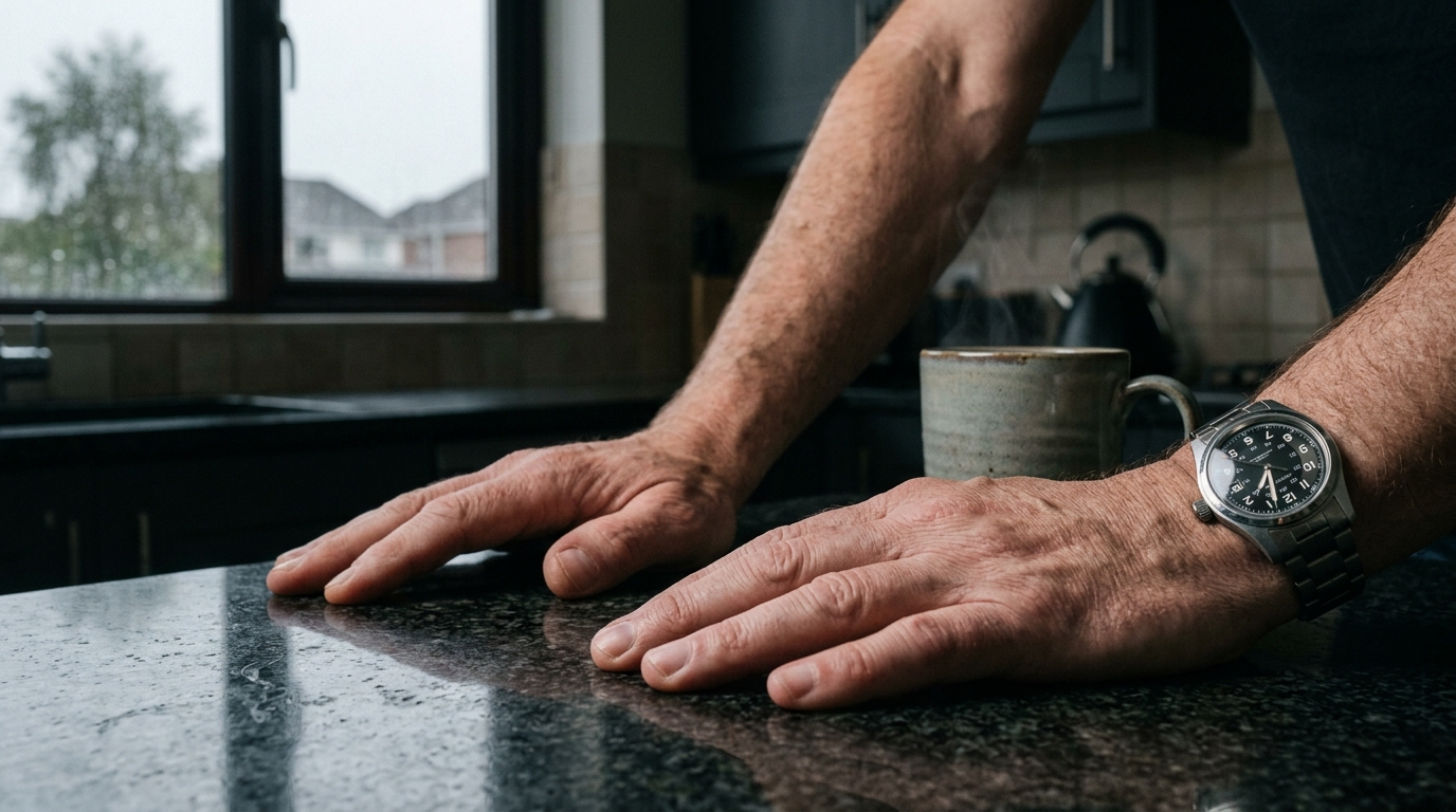 Mans hands pressed flat on dark kitchen counter in grey morning light