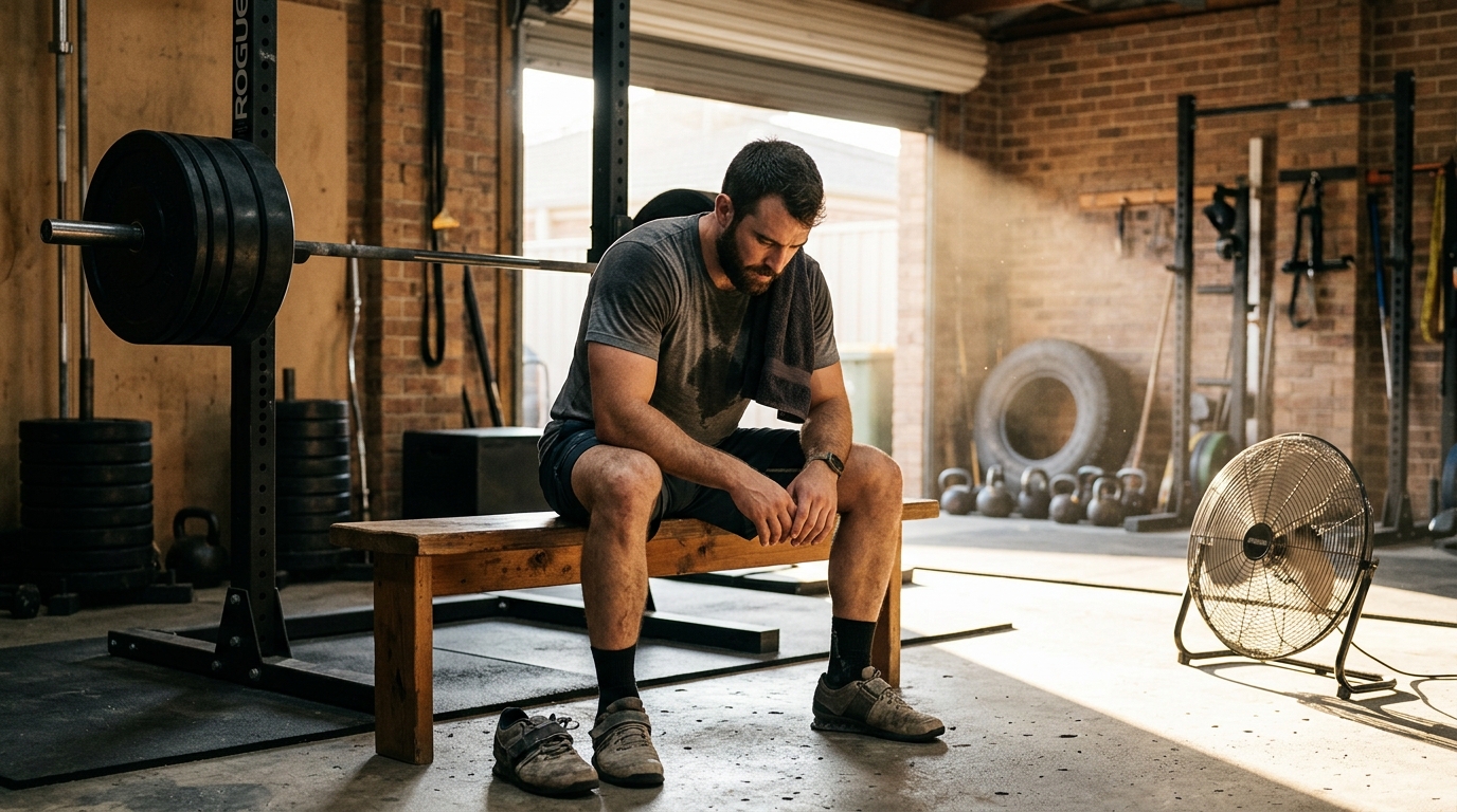 Man seated on gym bench leaning forward with towel over shoulder in afternoon light