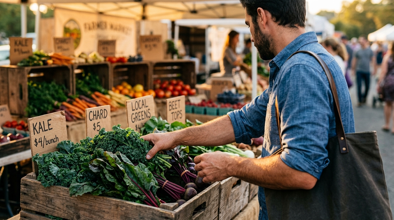 Mans hands selecting dark leafy greens at a farmers market stall at golden hour