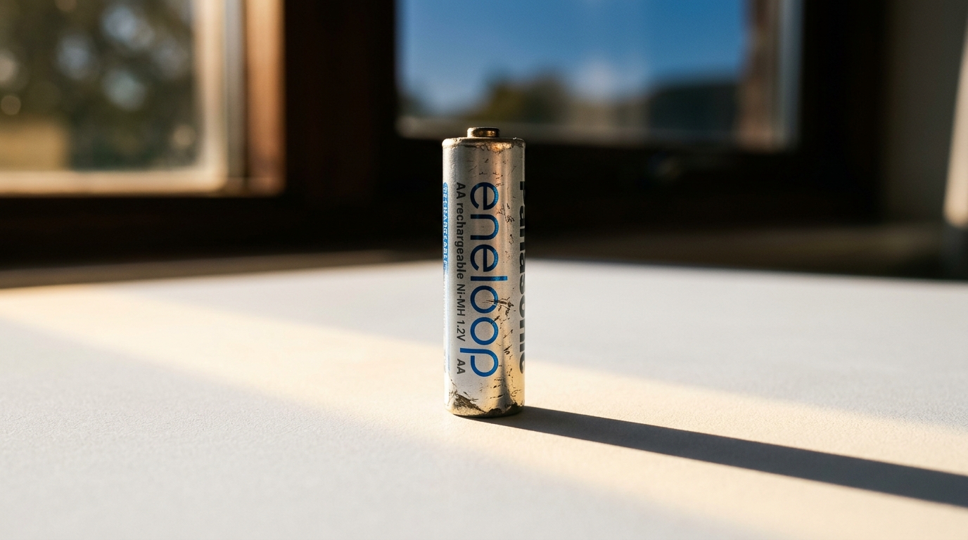 Single rechargeable battery standing in warm afternoon light with fine surface wear