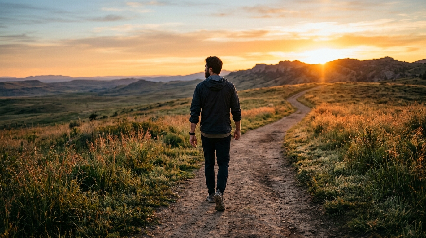 Man walking a trail at dawn with steady purposeful stride toward an orange sunrise