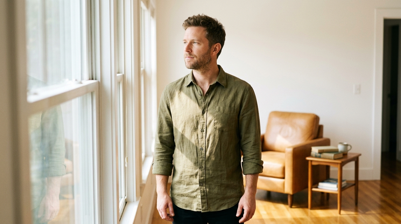 Man standing in afternoon light near a tall window with a calm settled expression