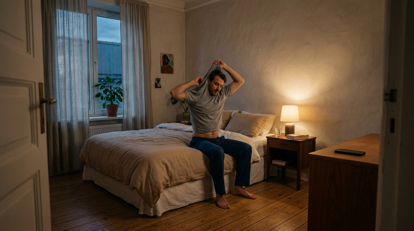 Man sitting on bed edge in warm lamp light pulling on a shirt at dusk