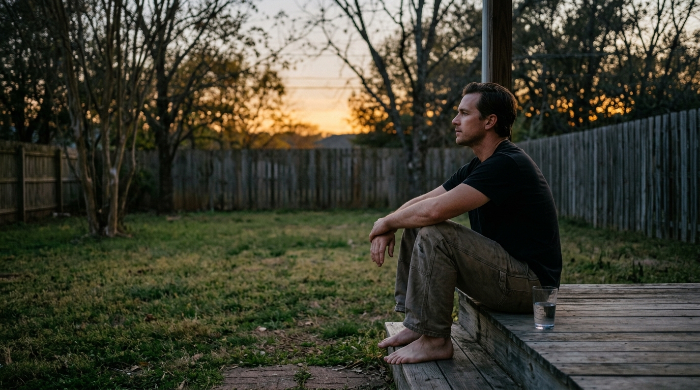 Man sitting on a porch step at dusk looking out at a backyard in warm fading light