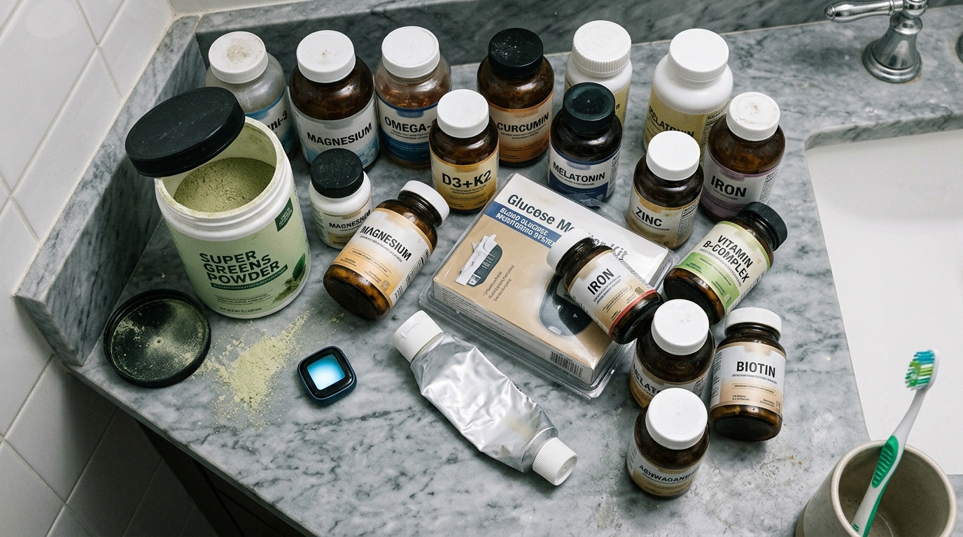 Overhead view of a cluttered bathroom counter covered in supplement bottles and health devices