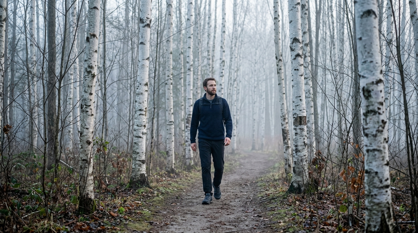Man walking away on a foggy birch forest trail in early morning light