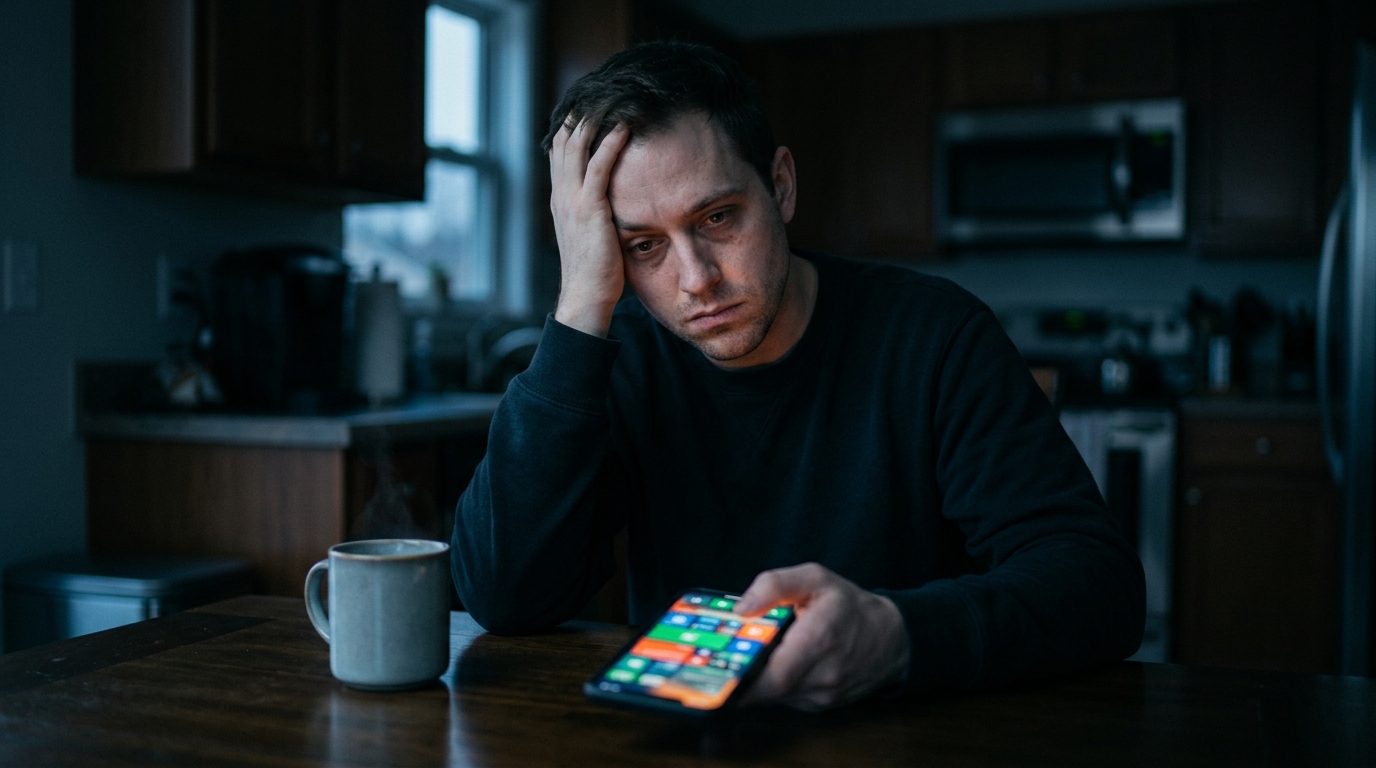 Man hunched over a glowing phone at a kitchen table in predawn blue light