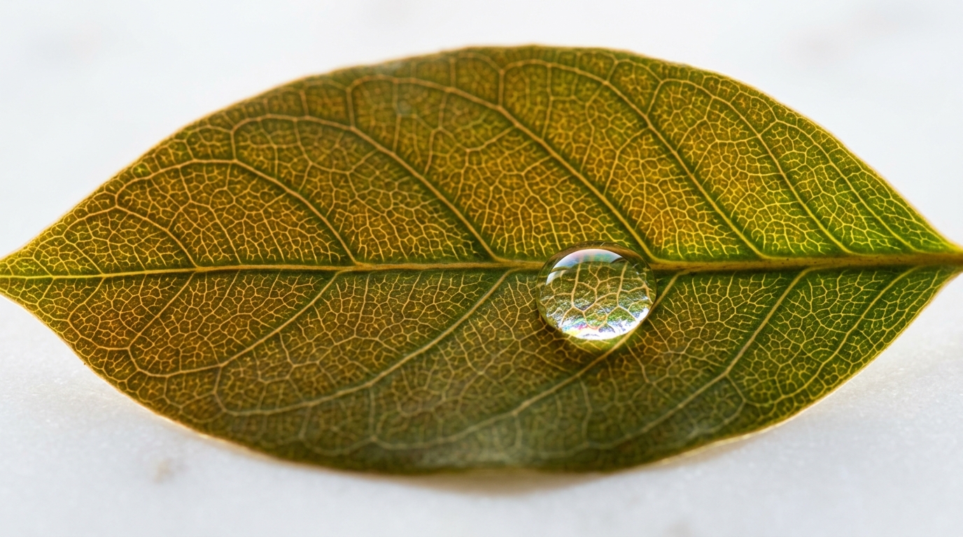 Macro photograph of a backlit leaf showing cellular structure with a water droplet