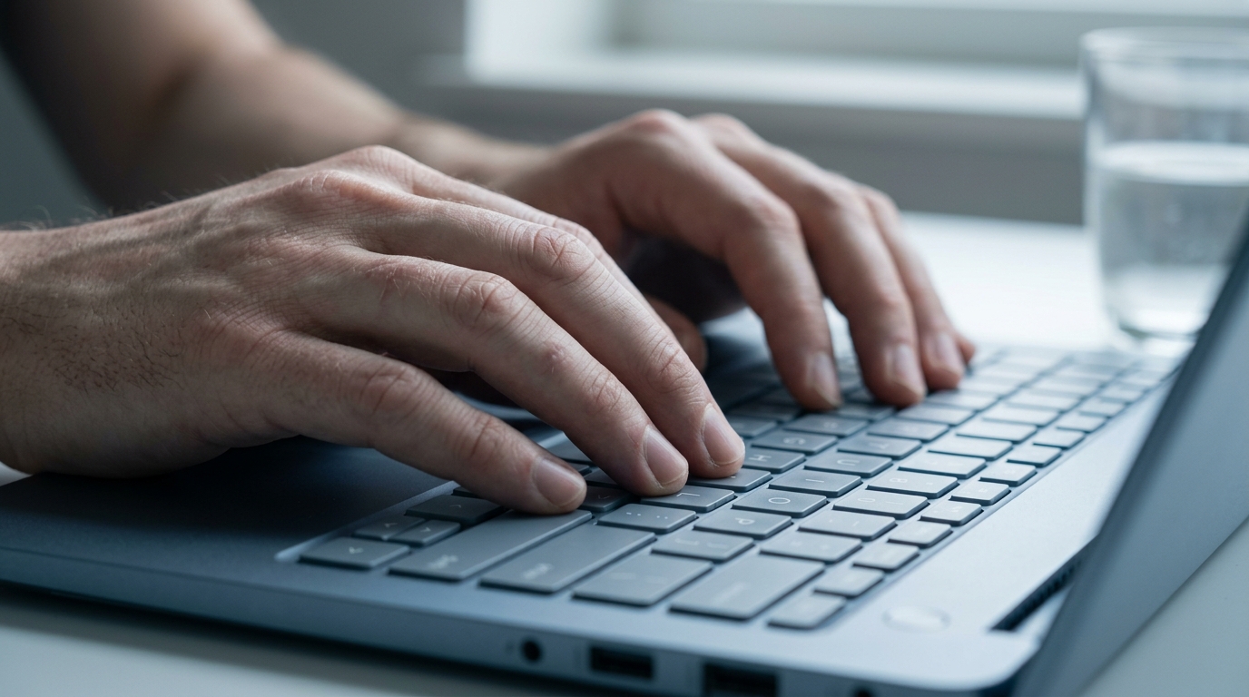 Mans hands paused on laptop keyboard in flat afternoon light