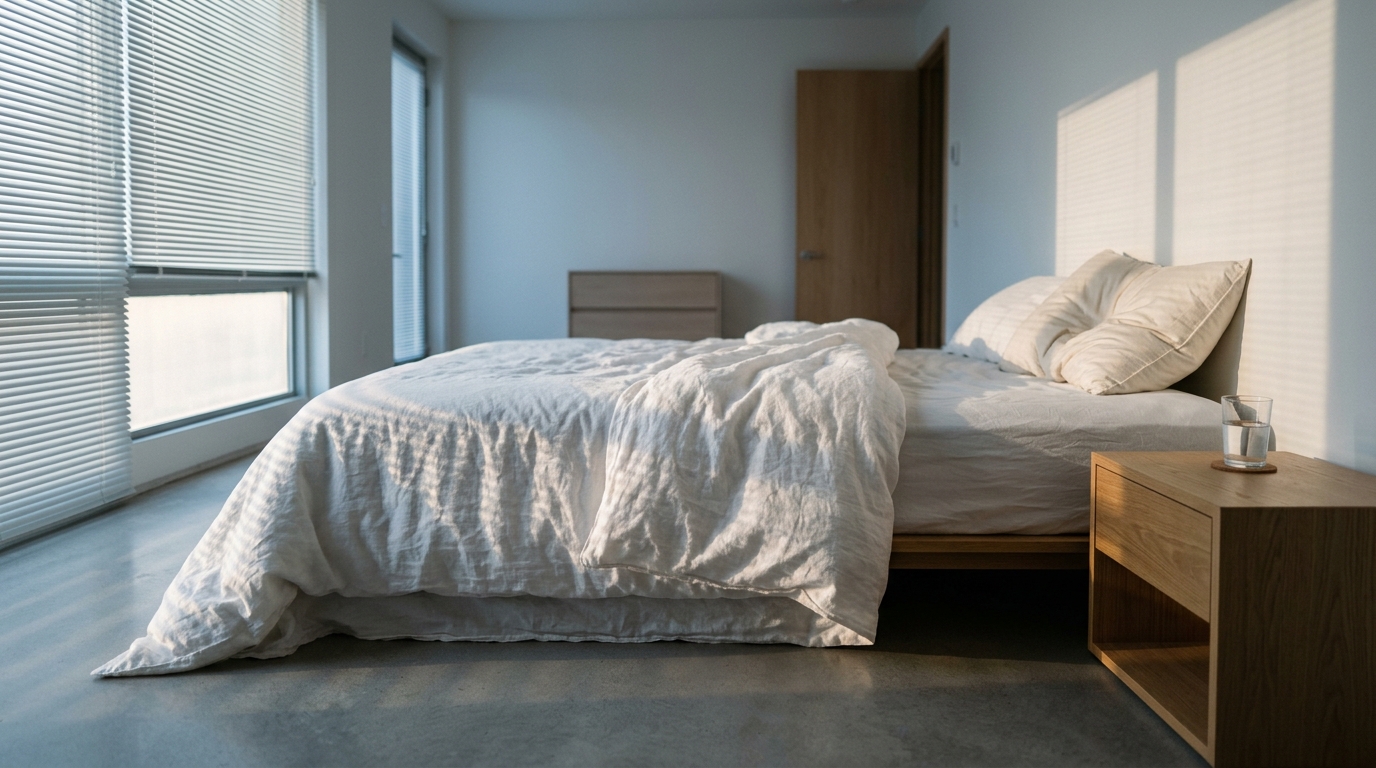Unmade bed in morning light with dented pillow and long shadows