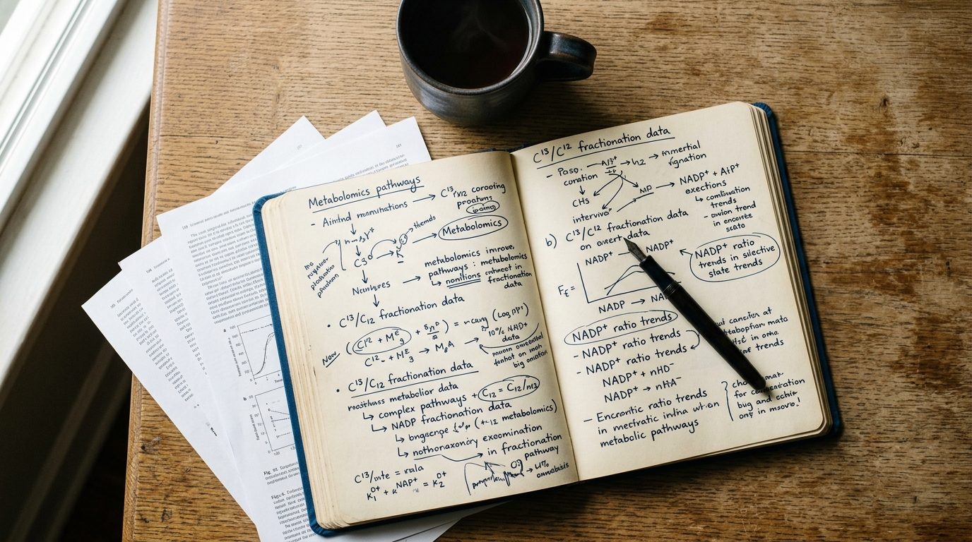 Open journal with handwritten notes and research pages on oak desk