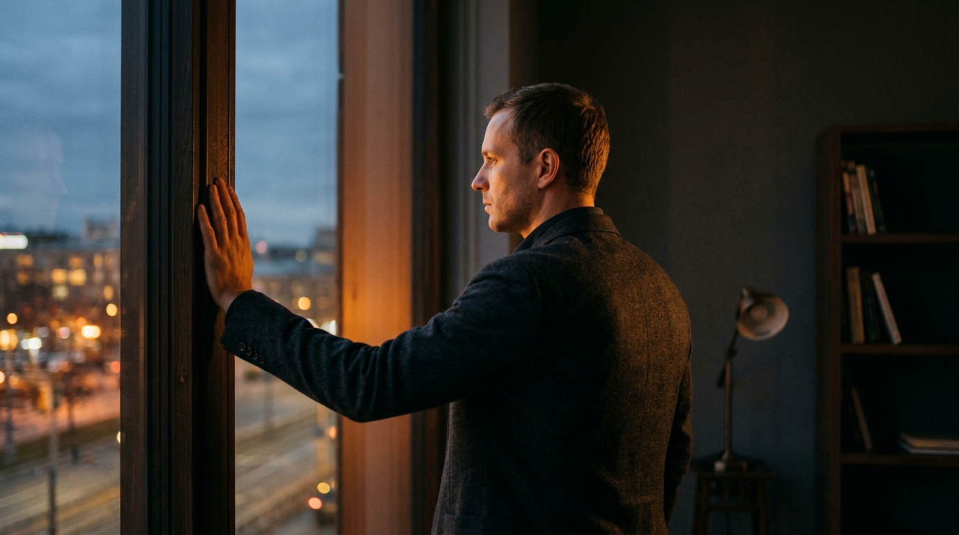 Man standing at window at dusk hand on frame looking outward