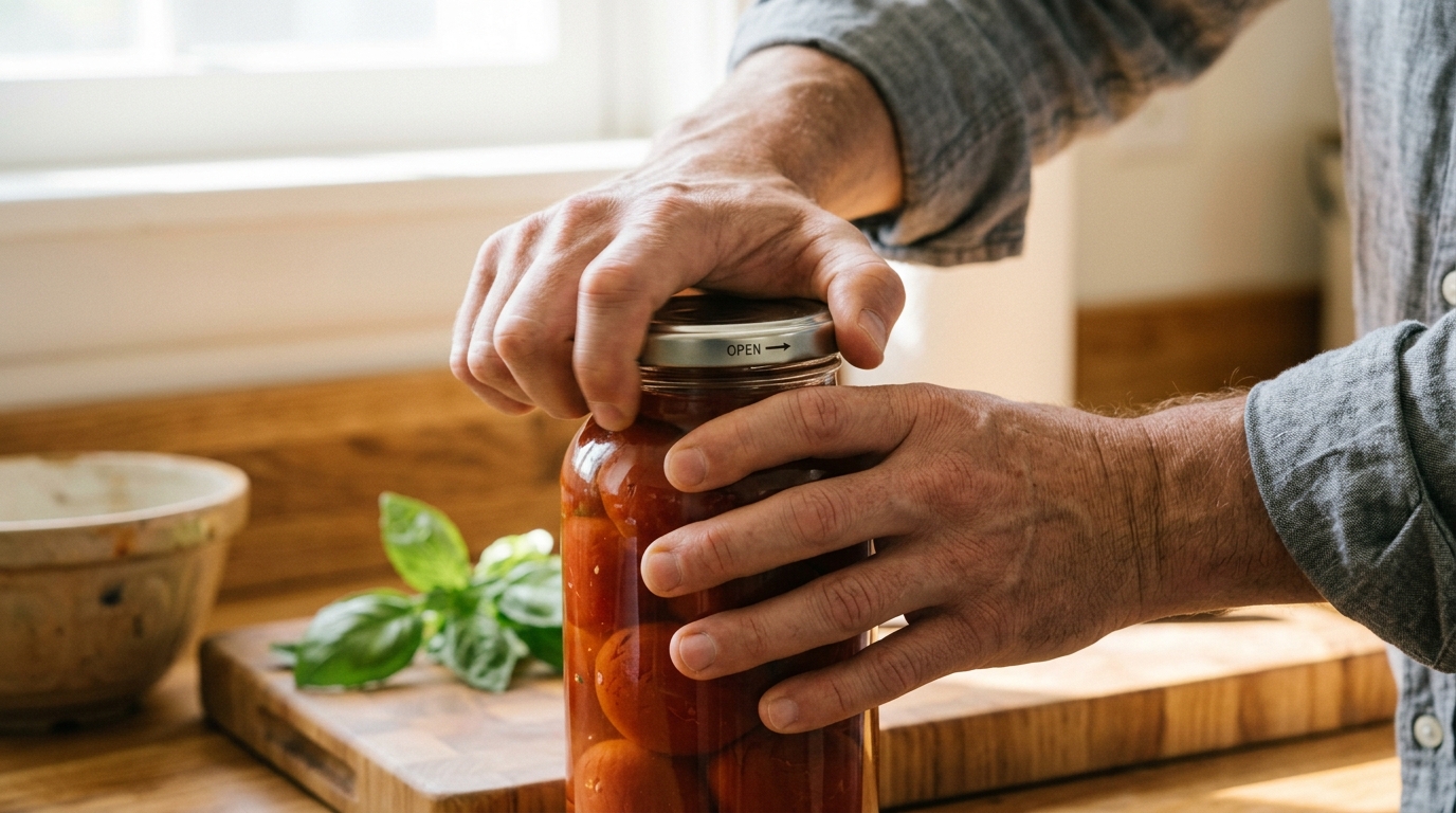 Mans hands smoothly opening a jar in bright kitchen light