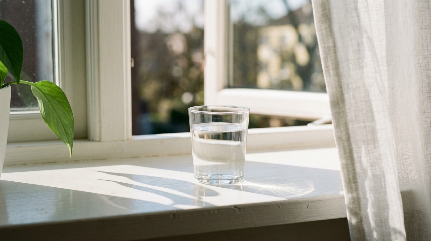 Glass of water on sunlit windowsill with leaf shadow and light pattern