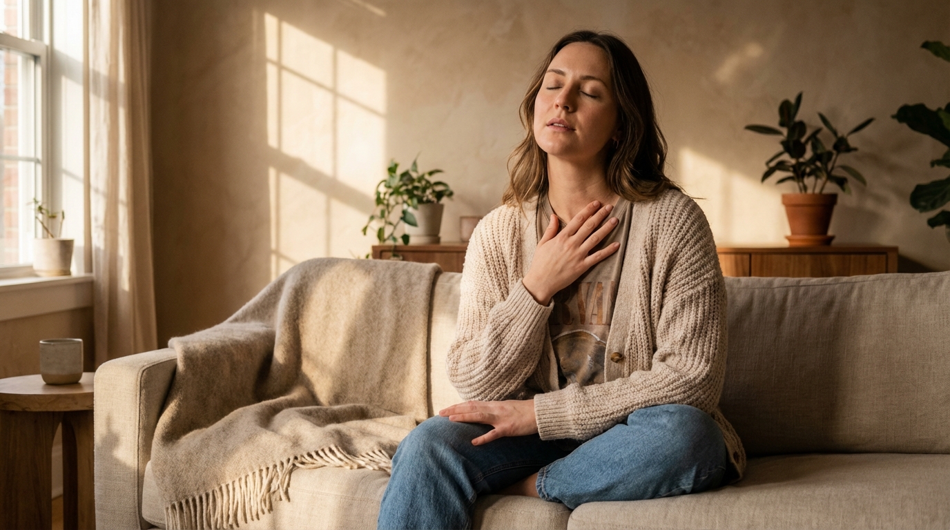 Woman relaxing her shoulders and jaw in soft daylight