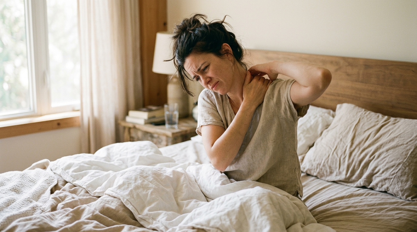 woman stretching stiff neck and shoulder after waking