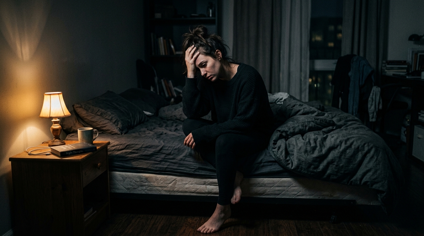woman sitting on bed with hand to head looking mentally foggy