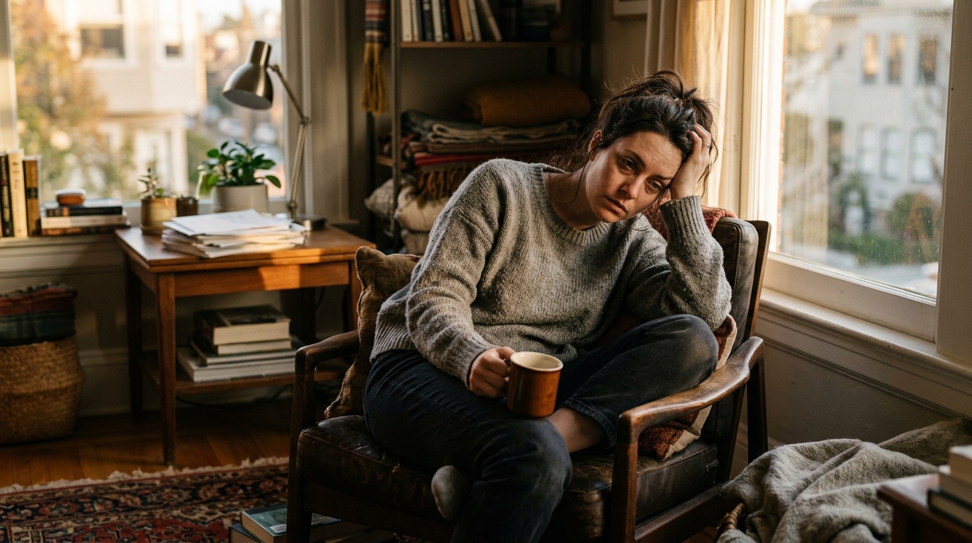exhausted woman in chair with empty coffee mug