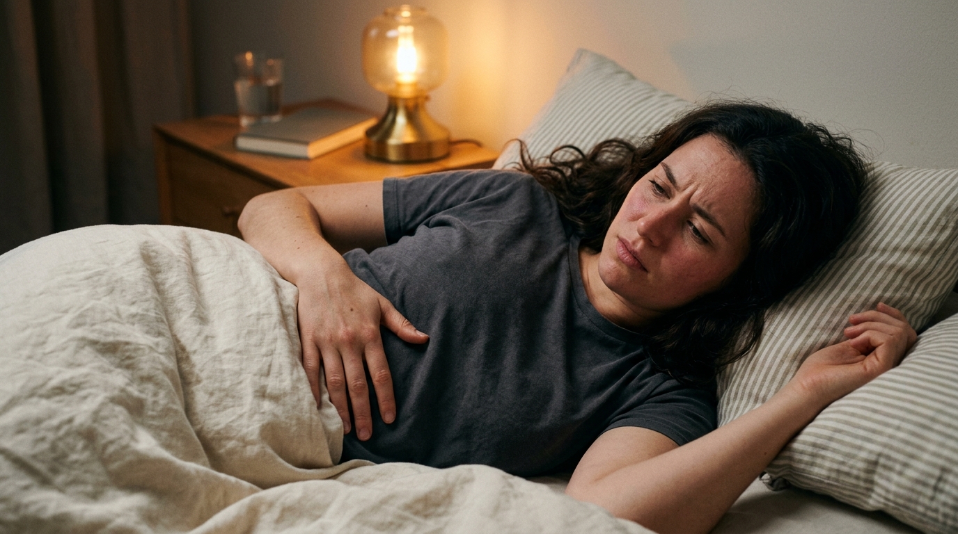 woman in bed with hand on stomach showing discomfort