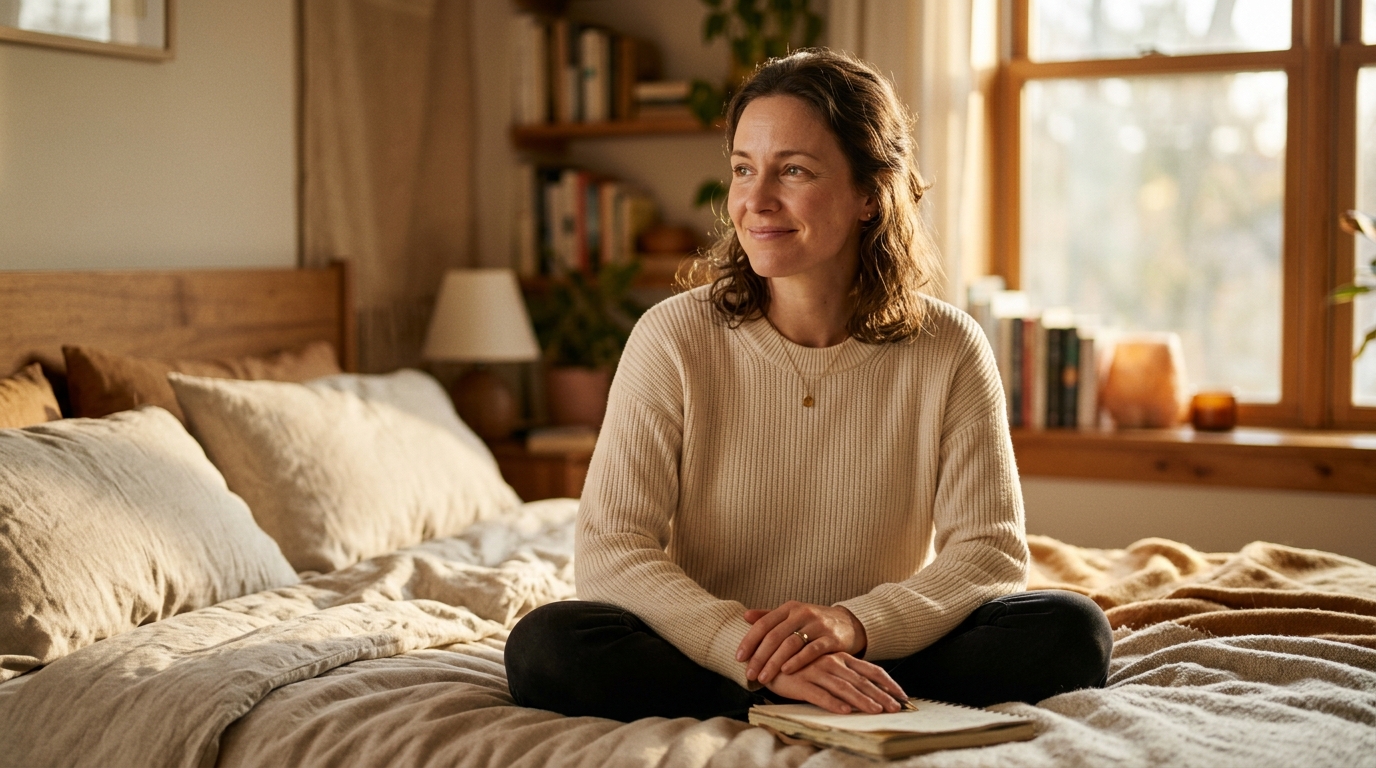 woman with relieved understanding expression in soft light