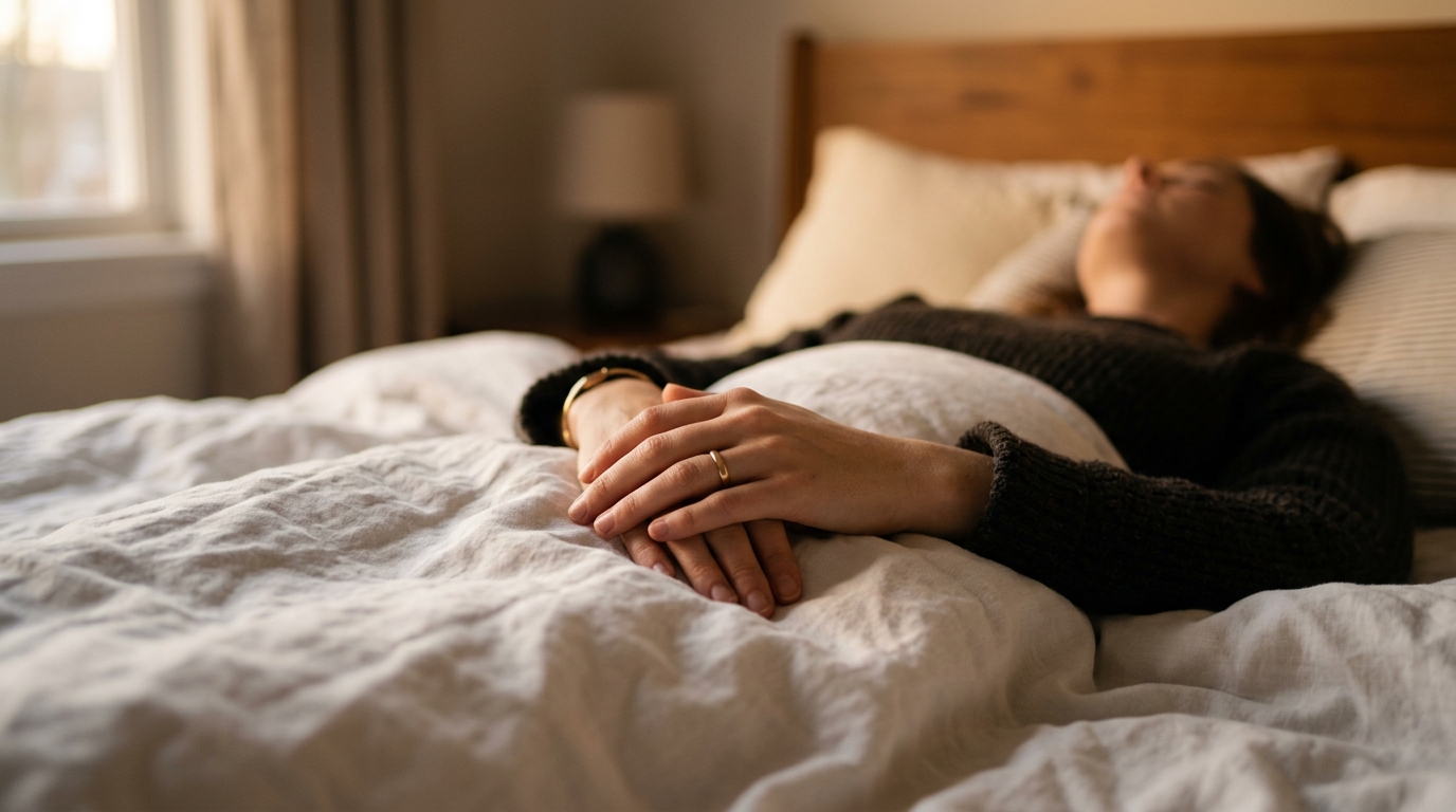 peaceful folded hands resting on soft bedsheets