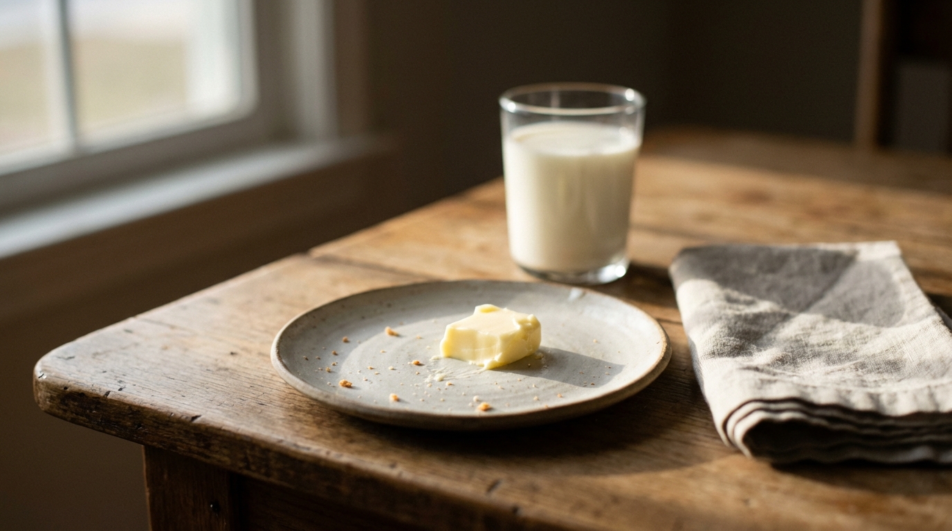 Butter on a ceramic plate with milk softly blurred behind