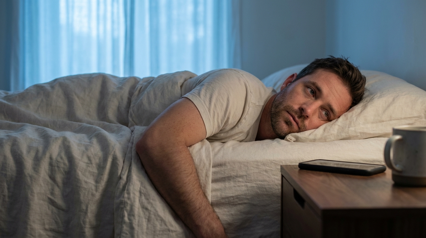 Man lying awake in bed in early grey morning light