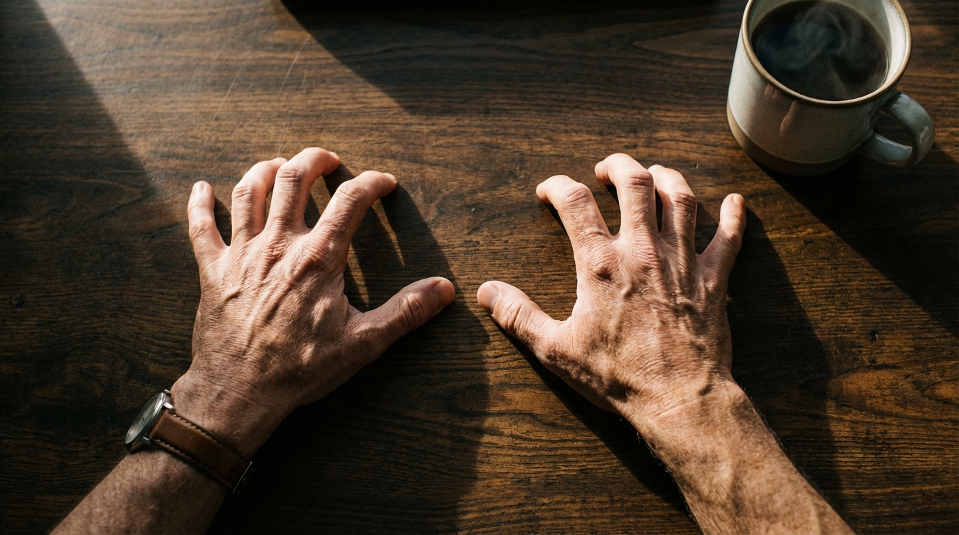 Mans hands stretching on a dark wooden desk in morning light