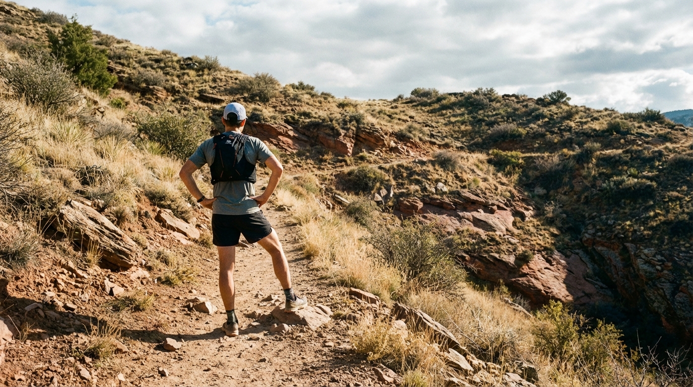 Man paused mid-trail on a hillside in late morning light