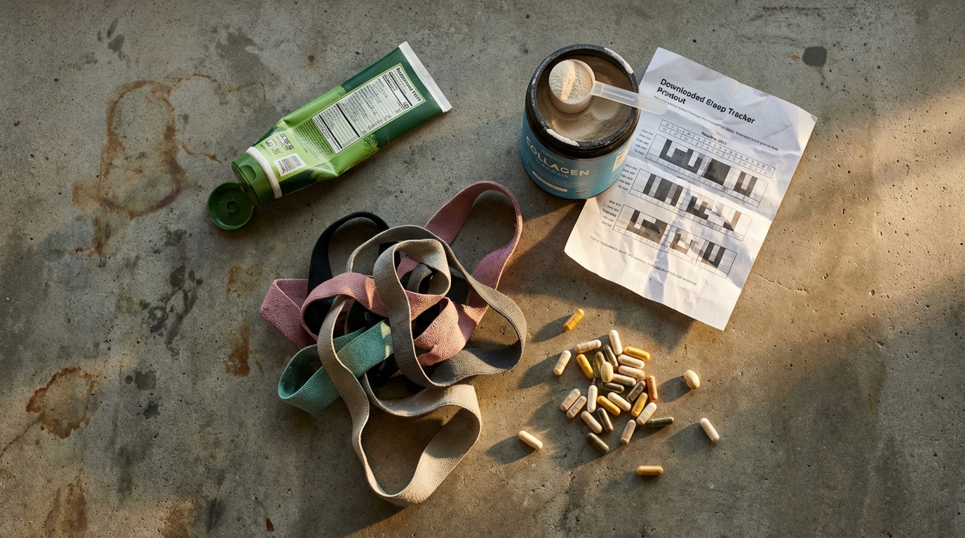 Scattered supplements and wellness items on a concrete countertop