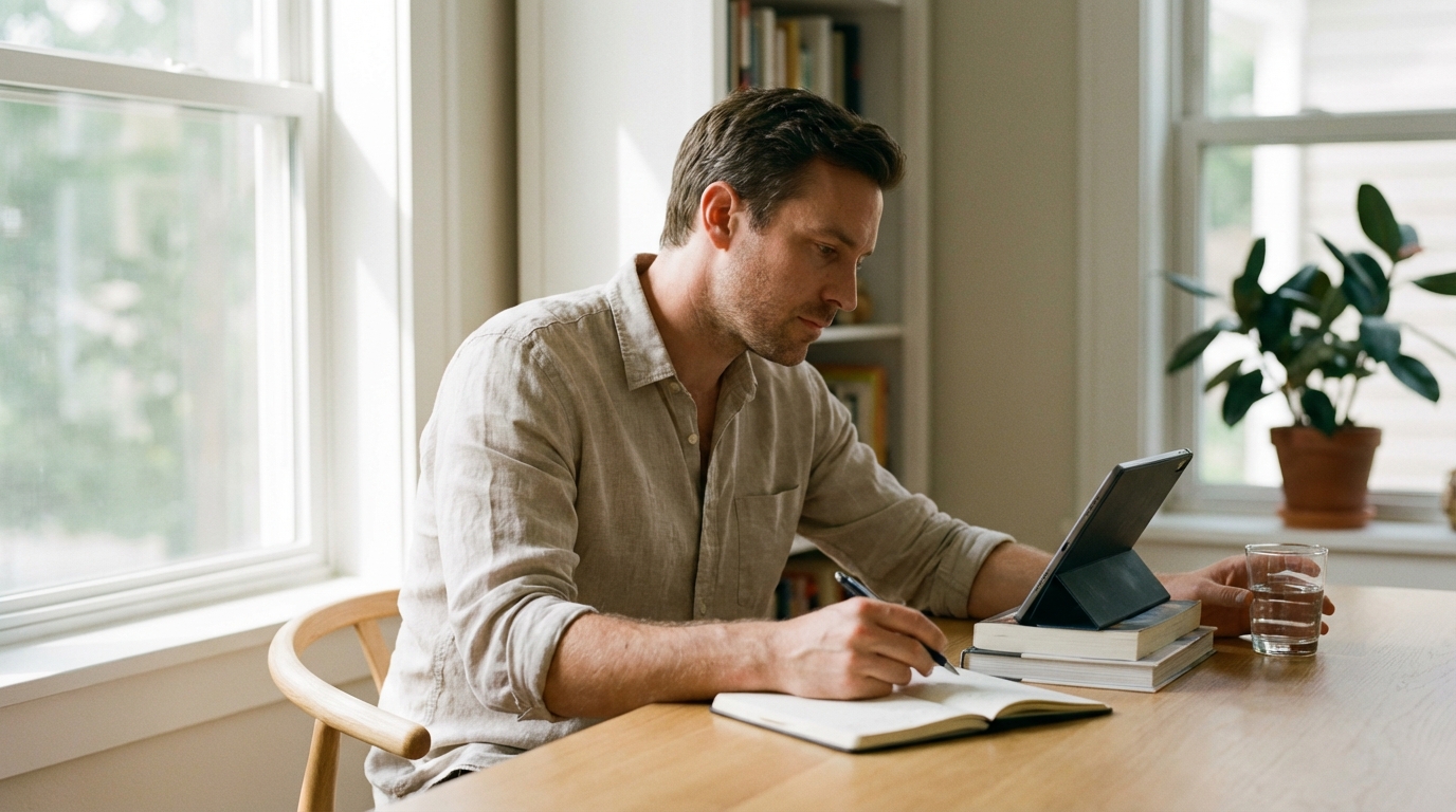 Man reading at a sunlit table with steady focused expression
