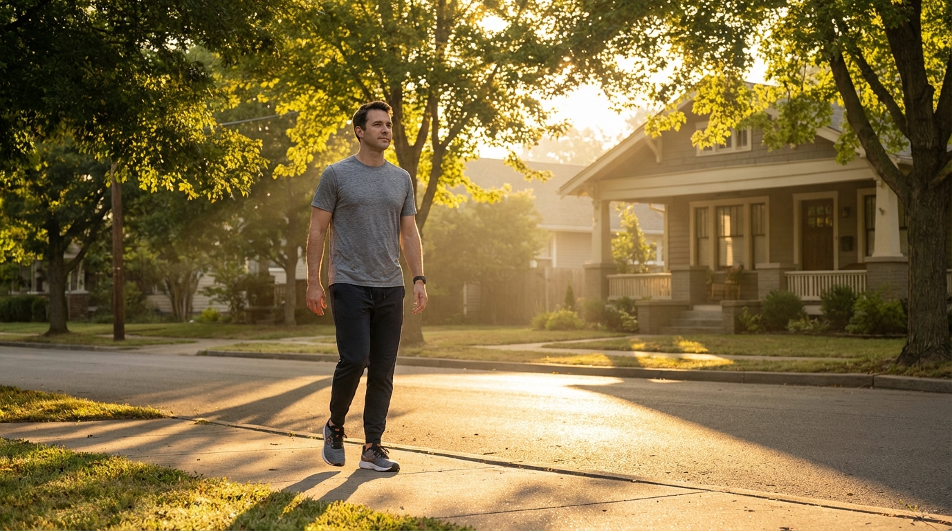 Man walking on a tree-lined sidewalk in golden morning light