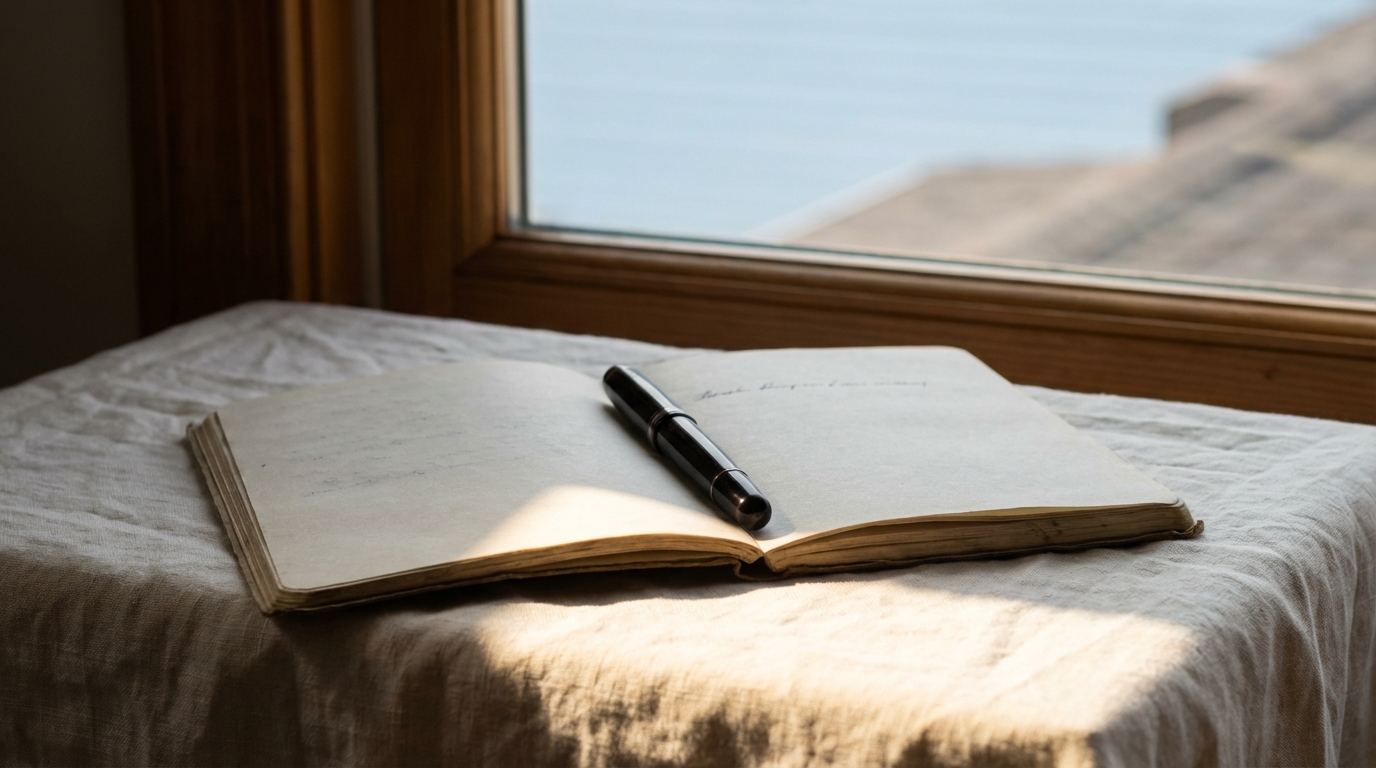 Open notebook with pen near a window in soft morning light