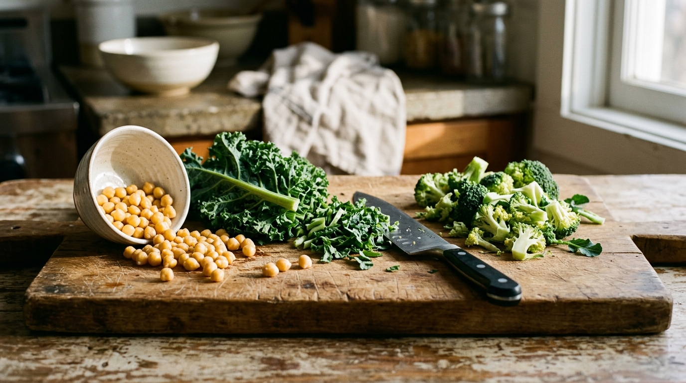 Raw vegetables scattered on cutting board with dramatic shadows