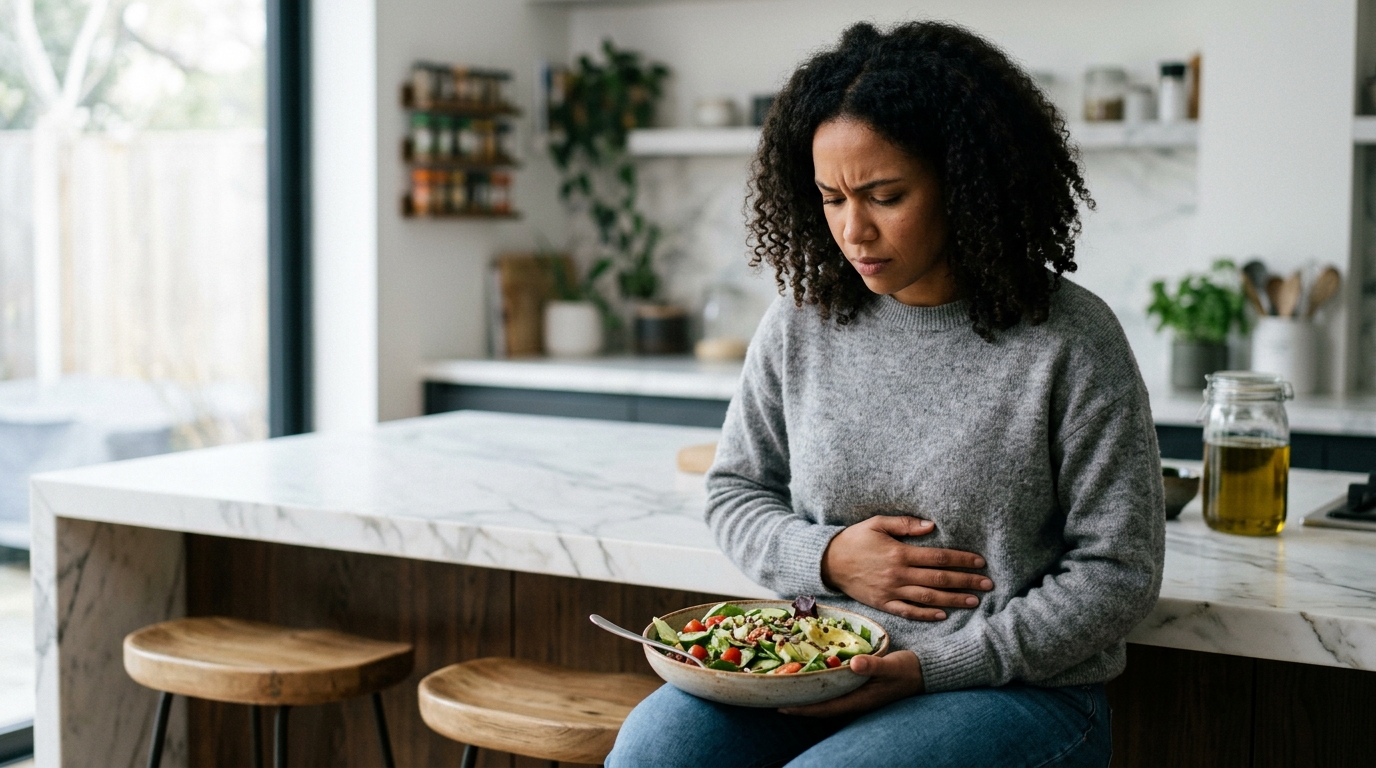 Woman looking uncomfortable after eating healthy salad