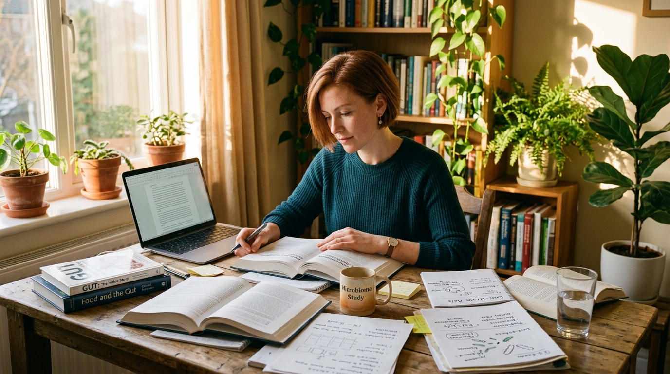Woman researching gut health at desk with books