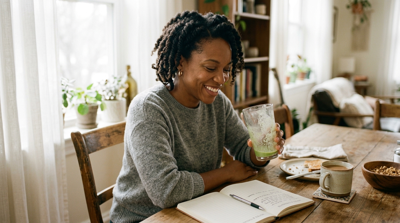 Woman smiling with relief after comfortable breakfast