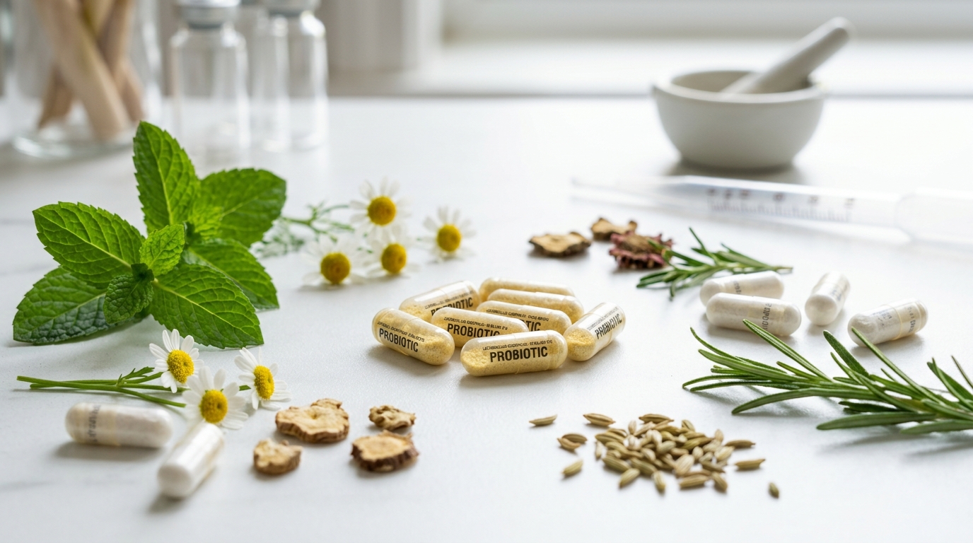 Probiotic supplements with botanical ingredients macro view