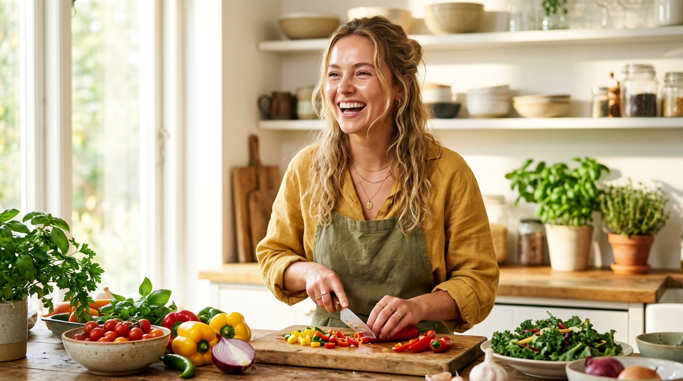 Radiant woman laughing while cooking in bright kitchen