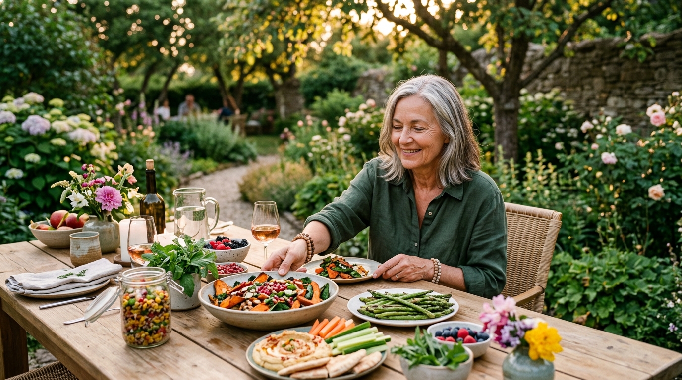 Woman dining peacefully with plant based foods outdoors