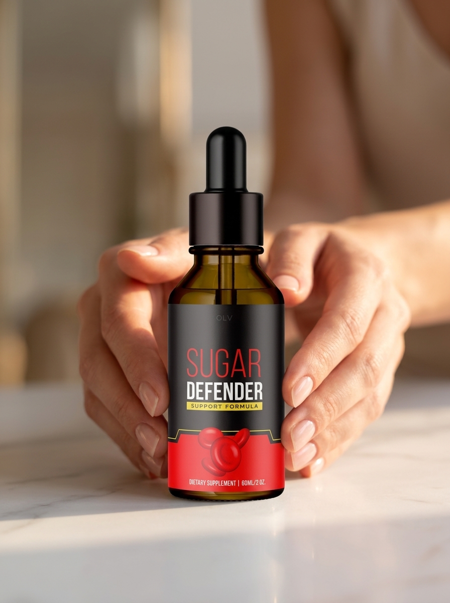 Sugar Defender supplement bottle held carefully marble surface