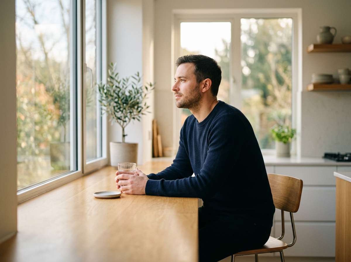 man contemplating morning routine kitchen natural light