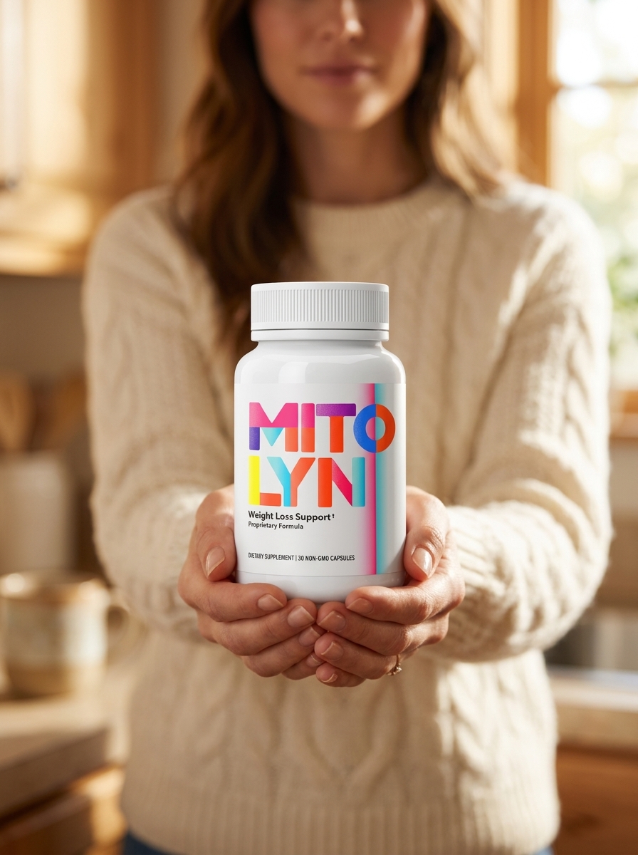 Mitolyn mitochondria supplement bottle held by woman