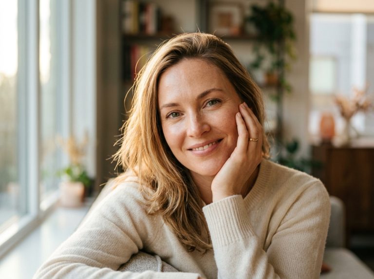 Woman with radiant healthy skin touching face gently